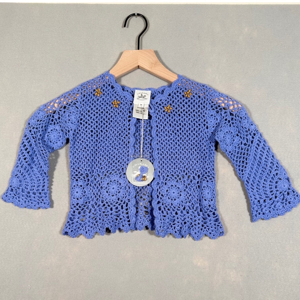 Charabia Paris Girls Blue Crochet Cotton Cardigan Sweater‎ Beaded Size 2A NWT